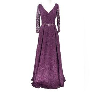 NWT JS Collections Embroidered Lace Long Sleeve V-neck Gown w/ Embellishments‎